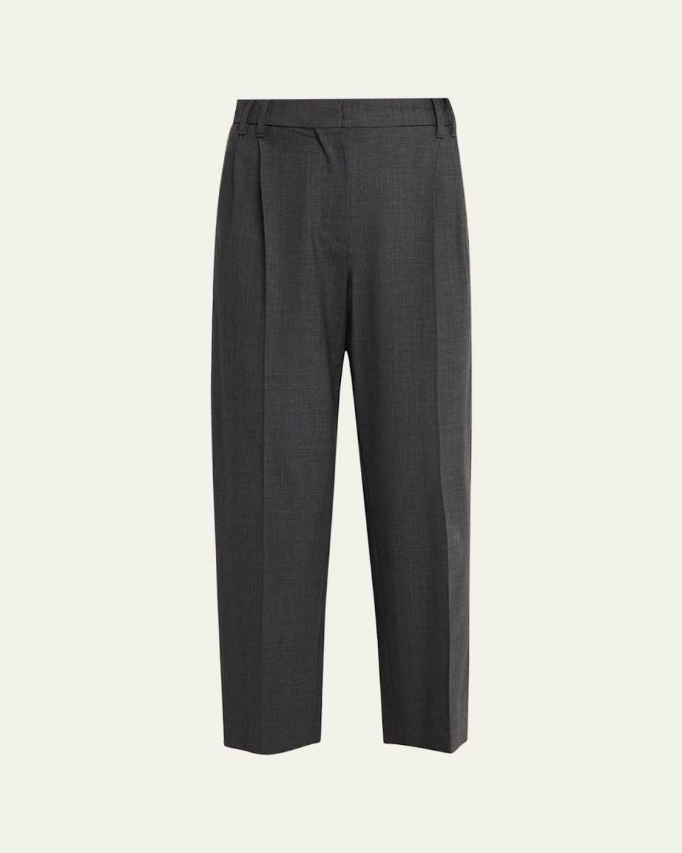 Pleated Tropical Wool Slouchy Straight-Leg Ankle Pants